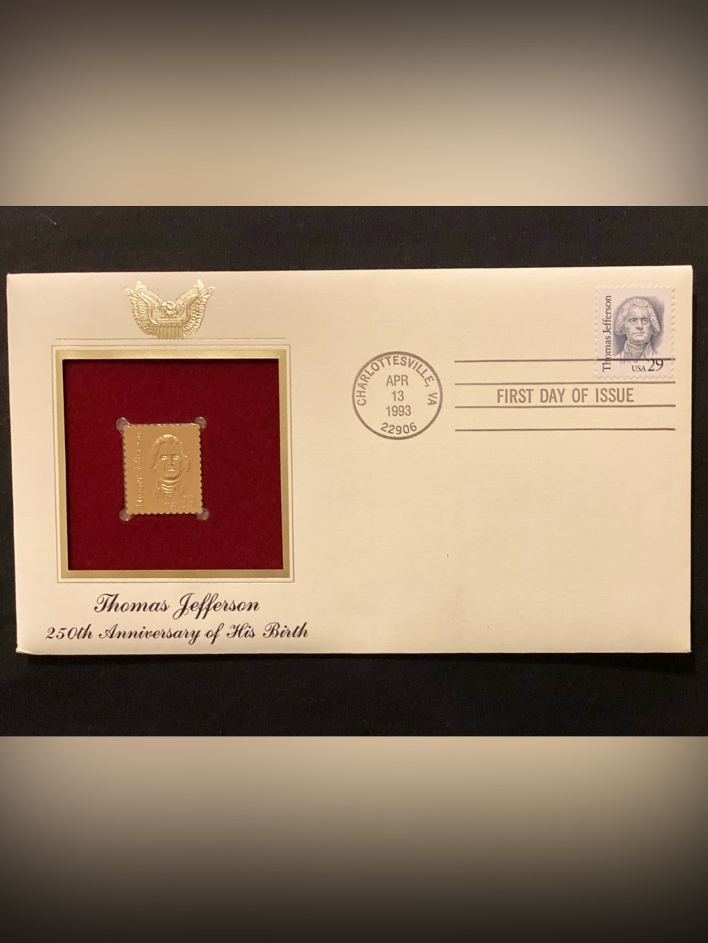 Commemorative Thomas Jefferson Gold Tone Stamp Plaque in Red